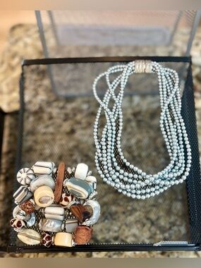 Multi-Strand Silver Pearl Necklace and Neutral Bead Stretch Bracelet Set
